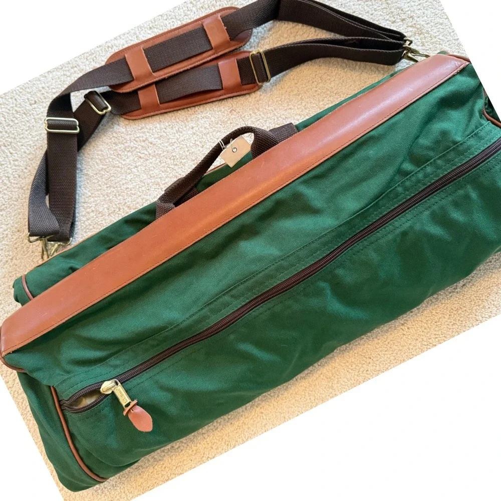 Vintage L.L. Bean Garment Bag Green Canvas Leather Trim Tri-Fold Travel Suit Bag